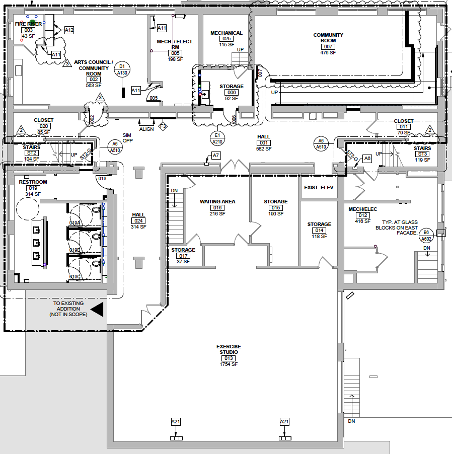 Garden level floor plan shows the addition of a large community room and bathrooms.