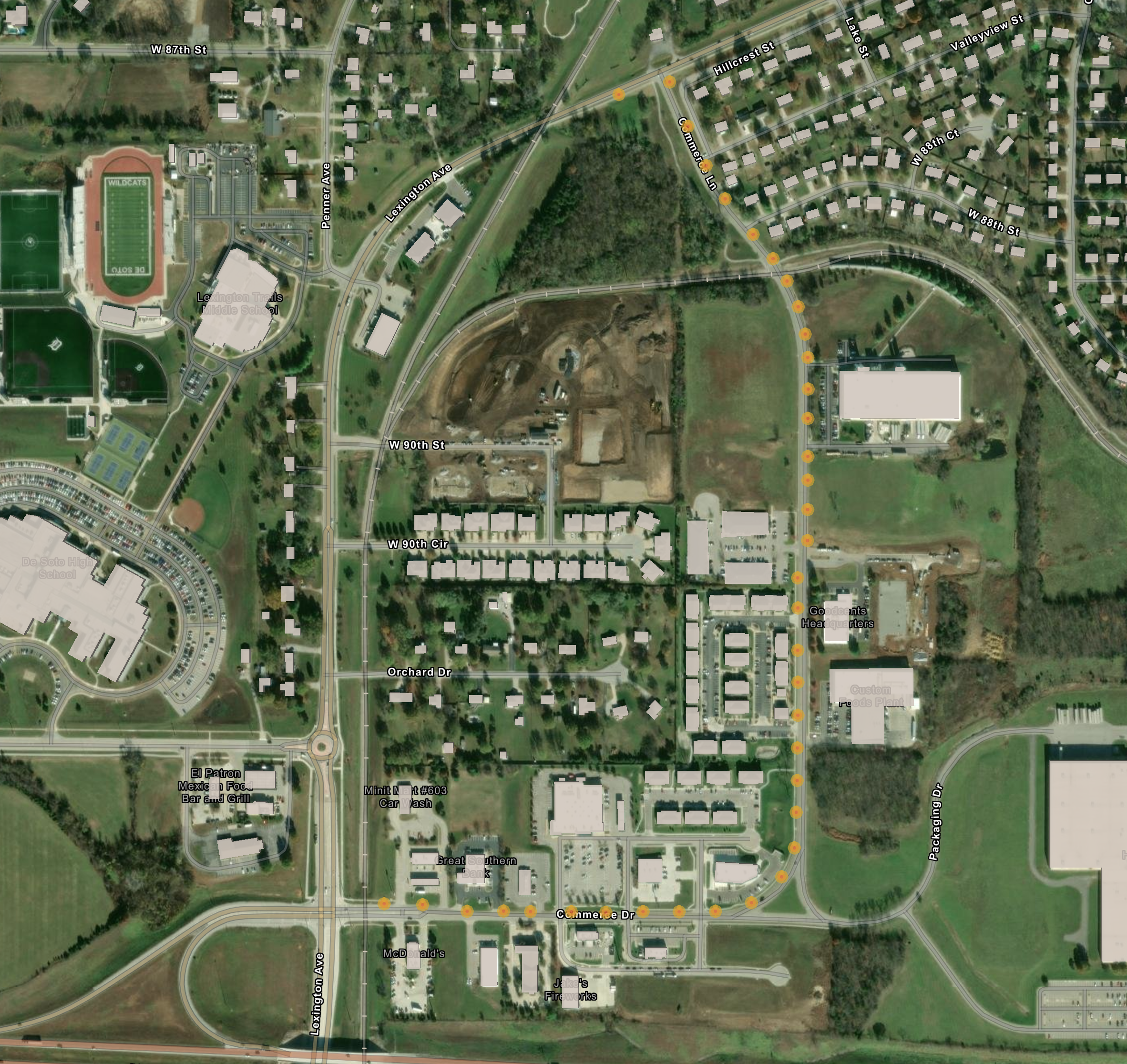 Aerial map marking 37 new lights along Commerce Dr. and 1 on Lexington Ave., just west of Commerce.